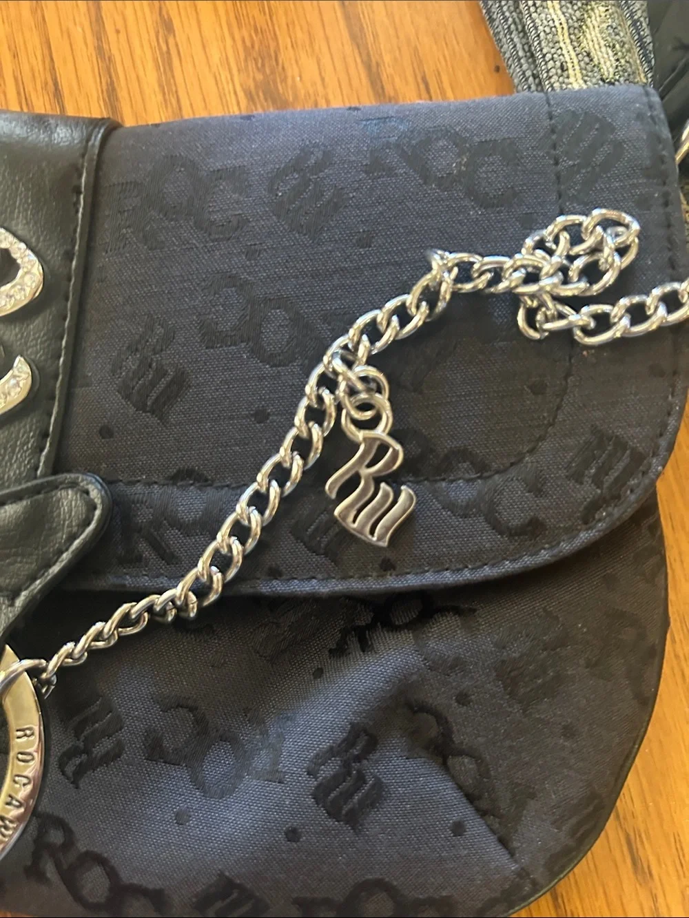 Rocawear Black Monogram Shoulder Bag with Rhinestone Emblem VGUC